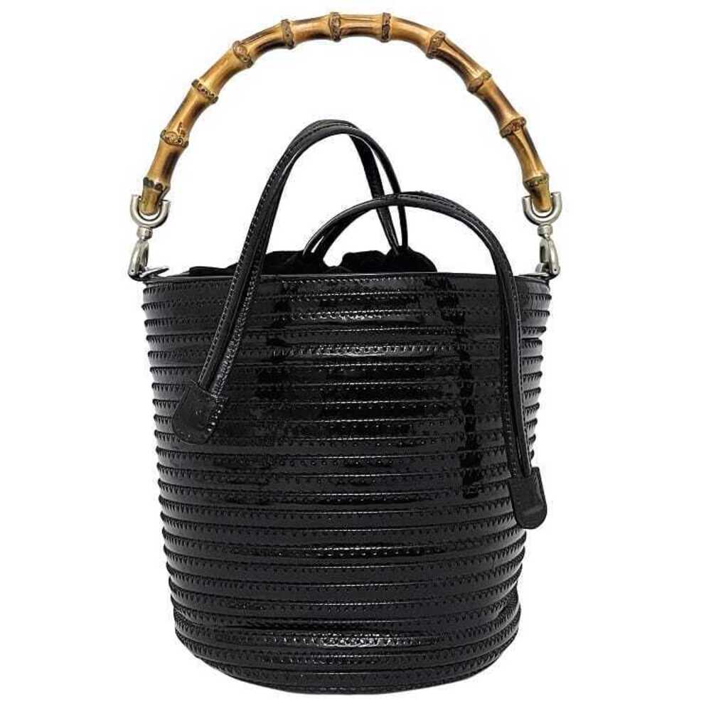 Gucci Drawstring Handbag Black Beige Bamboo Patent Vernis Suede Bucket Bag